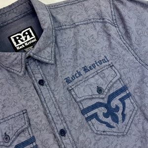 Rock Revival Mens XL Gray Blue Long Sleeve Floral Button Up Shirt Distressed